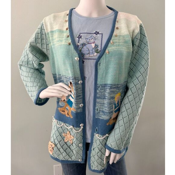 VTG Storybook Knits Button-Up Sea Sounds Sweater Cardigan Beach Scene Womens M - Picture 2 of 10